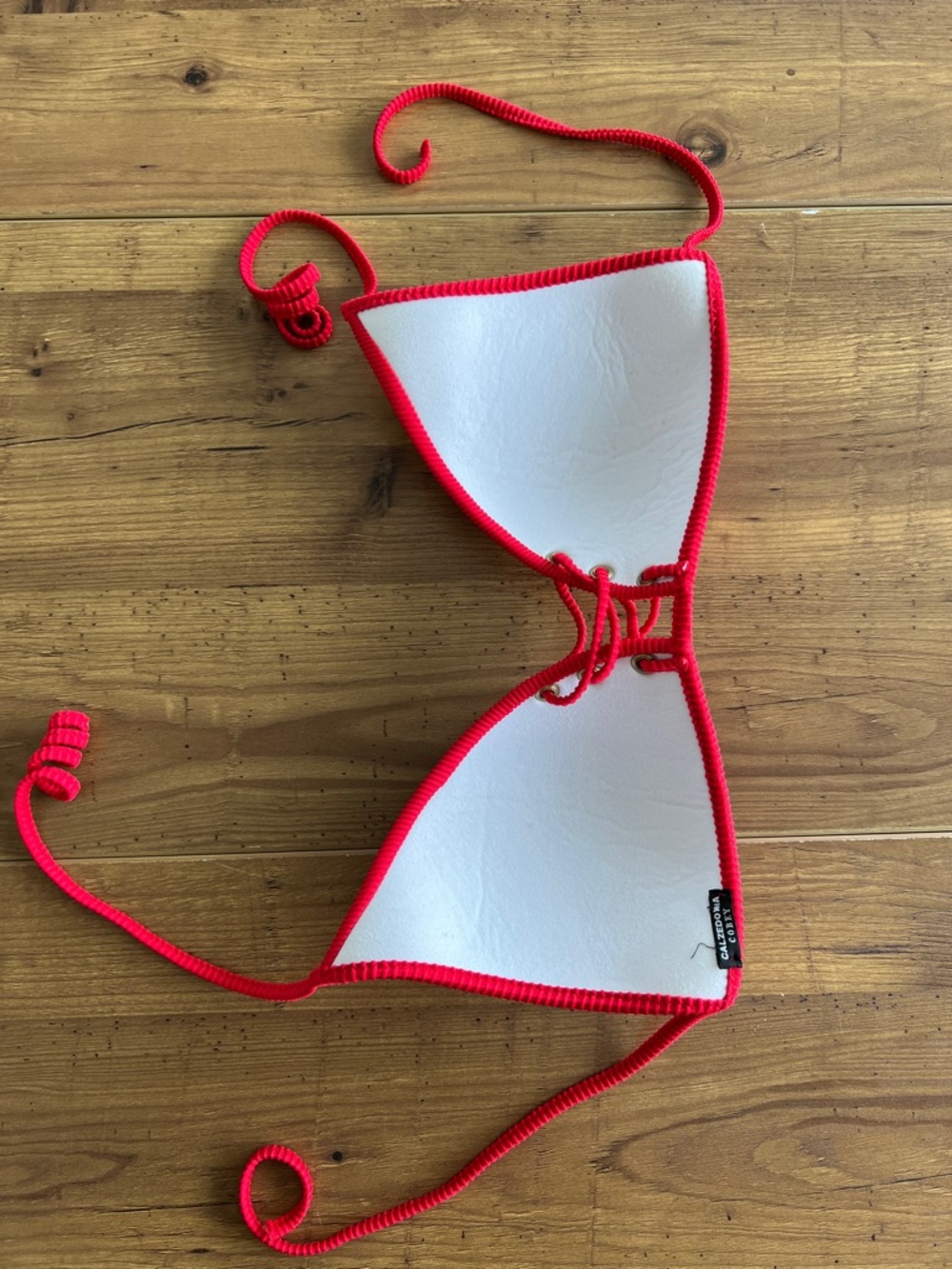 Red Ribbed Lace-Up Triangle Bikini Top - Picture 6 of 8